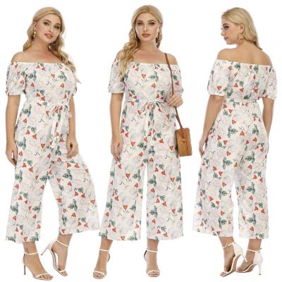 China New Designs Summer Viable Women Plus Size Floral Print Off The Shoulder Jumpsuit With Waist Tie for sale