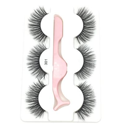 China False eyelashes with tweezers fashion faux mink 3D eyelashes multilayer thickened eyelashes 3 pairs a box false eyelashes with tweezers for sale