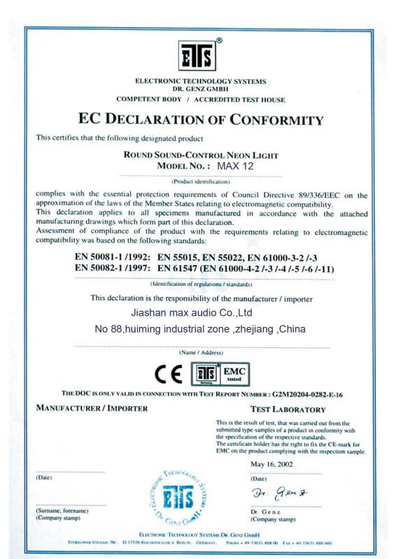 EC DECLARATION - JIASHAN MAX AUDIO PLUS CO., LTD