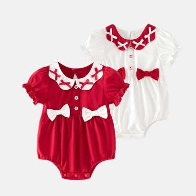 China Comfortable Baby Clothes HY-82 wholesale summer baby girls' rompers puff sleeve doll collar infant  95% knit cotton girls ruffle bubble romper 2023 for sale