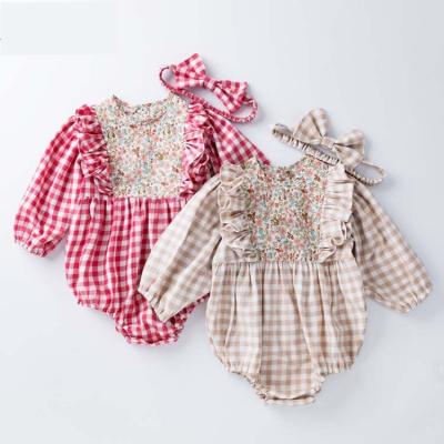 China Comfortable Baby Clothes HY-56 2PCS Sets Korea Spring& Autumn New baby romper clothing Floral check Long Sleeve toddler triangle romper with headband bow for sale