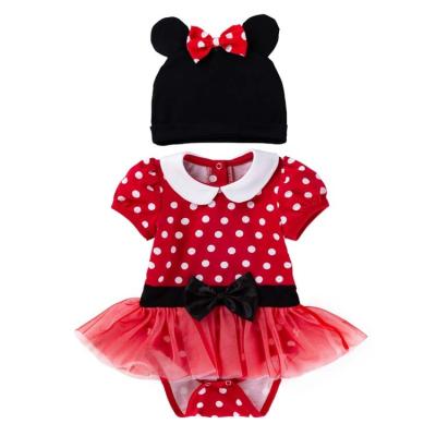 China Comfortable Baby Clothes HY-49 2 PCS Sets Red Polka Dot dress baby romper clothing short Sleeve toddler triangle romper Skirt with Cap for sale