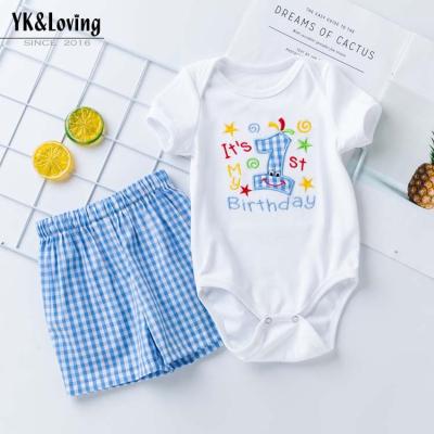 China Breathable HY-39 2PCS SET party wear western baby Romper Boy for 2 years old children plaid designs Shorts for birthday for sale