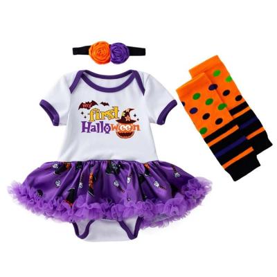 China Washable HY-34 3PCS Set Wholesale New Children's Halloween costume Girls pumpkin skulls Baby Romper T shirt Dress with headband & socks for sale