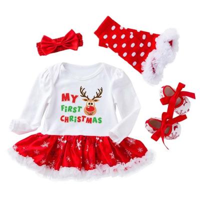 China Washable HY-43 4PCS Set Wholesale New Children's Christmas costume Girls Baby Romper T shirt Dress with headband & leg warmer for sale