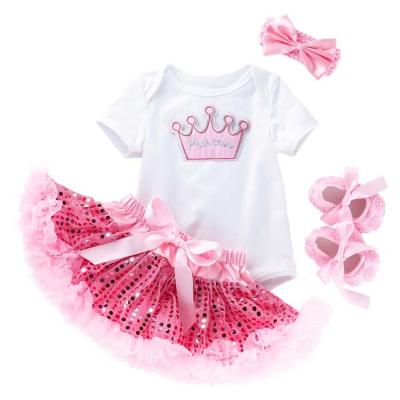 China Washable HY-73 4PCS Set Wholesale New costume Girls Baby Romper T shirt Shinny Dress with headband & Shoes for sale