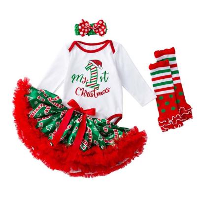 China Washable HY-44 4PCS Set Wholesale New Children's X mas costume Girls Baby Romper T shirt Dress with headband & leg warmer for sale