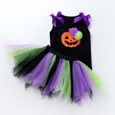 China Washable HY-33 2PCS Set Wholesale New Children's Halloween costume Girls pumpkin skulls tank top T-shirt corner child skirt for sale