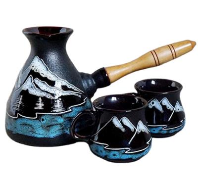 China Viable Blue Ceramic Coffee Set of Cezve Mountain Coffee Set and Two Coffee Mugs for sale