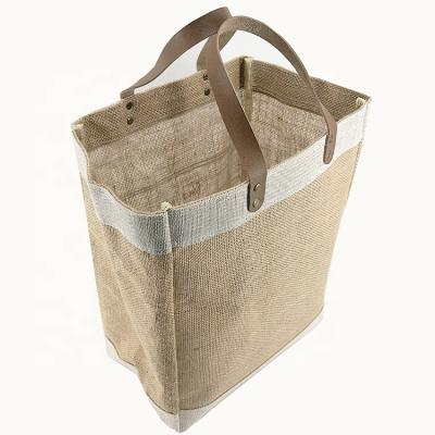 China Heavy Duty Grocery Tote Bag With Leather Handle Washable Jute Tote Bag Waterproof Reusable Canvas Shopping Bags for sale