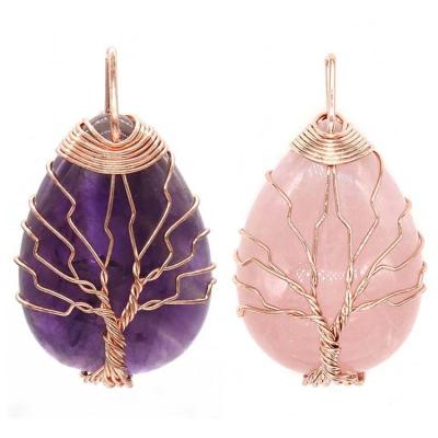 China CLASSIC Wire Wrapped Tree Of Life Stone Crystal Amethyst Rose Quartz Stone Natural Pendant Ml Pendant for sale