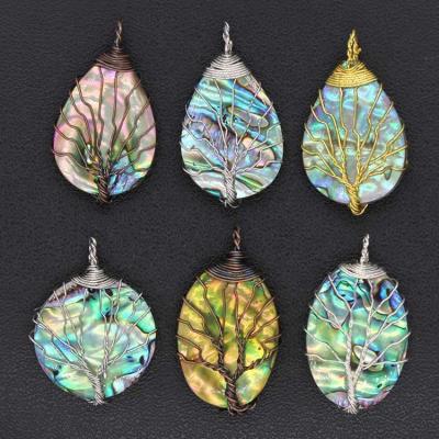 China Shell Wire Wrapped Pendant Water Abalone Ml Paua Shape Tree Of Life CLASSIC Natural Round Drop Of Life Oval Shell Pendant Jewelry for sale