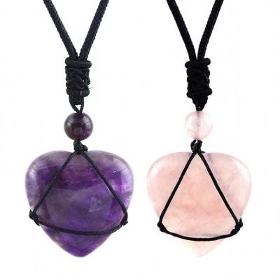 China Adjustable Black Rope ML Crystal Stone Pendant Healing CLASSIC Natural Chain Amethyst Heart Chakra Rose Quartz Reiki Pendant Necklace for sale