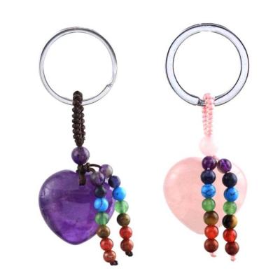 China Ml Luxury Natural Love Crystal Heart Stone Pendant Keychain 7 Chakra Reki Amethyst Healing Ring Crystal Gemstone Beads Key Chain for sale