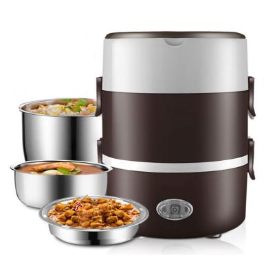 China 3 Layer 220V Portable Viable Heating Lunch Box Stainless Steel Food Thermos Container Electric Desktop Mini Rice Cooker for sale