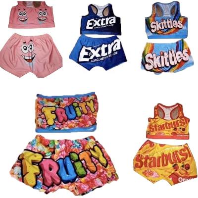 China 2021 Hot Selling Customized Printed Waterproof Candy Shorts 2 Pieces Women Snack Shorts Sets for sale