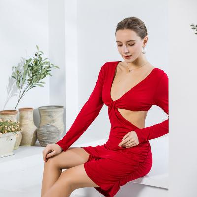 China Latest Design Breathable Narrow Fit V Collar Hollow Out Dresses Women Lady Elegant for sale