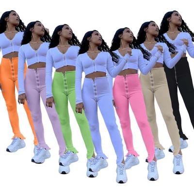 China 2020 QUICK DRY popular QUICK DRY casual micro split flared high waist zipper sweatpants women stacked pants for sale