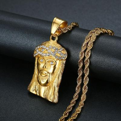 China 2022 New Outlet Gold TRENDY Chain HipHop Iced Out Crystal JESUS ​​Christ Piece Head Face Pendants Necklaces For Men Stainless Steel Jewelry for sale