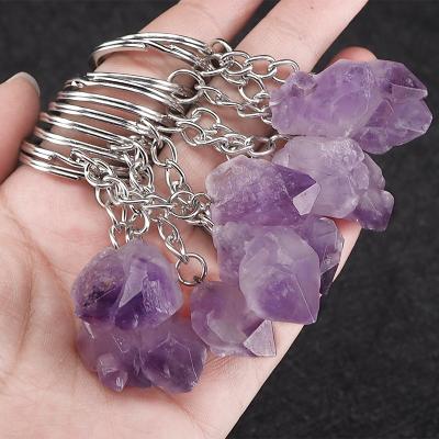 China Natural Original Stone Gemstone Healing Keychains Keychains Specimens Crystal Quartz Amethyst Semi-precious Stone Key Rings Environmentally Friendly for sale