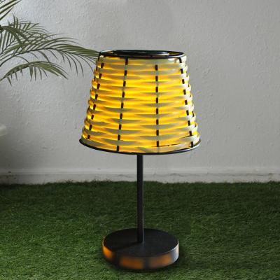 China PE Rattan Manually Weaving China Indoor Outdoor Garden Decorative Iron Pedestal Powered PE Rattan Table Solar Lamp with Iron Block for Home for sale