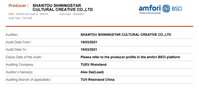 BSCI - Shantou Shiningstar Cultural Creative Co., Ltd.