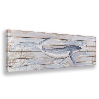 China Modern Wooden Panel Print Canvas Ocean Blue And White Dolphin With Artist Hand Painting Texture For Living Room Decoration Ready To Hang for sale