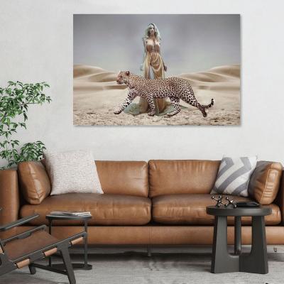 China Modern Art Glass Wall Lady And Animal Desert Still Life For Home Office Restaurant Decor Ready To Hang for sale