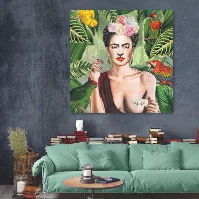 China Modern Glass Wall Decor Parrot And Woman Print Picture Wall Art For Living Room Home Decoration Ready To Hang for sale