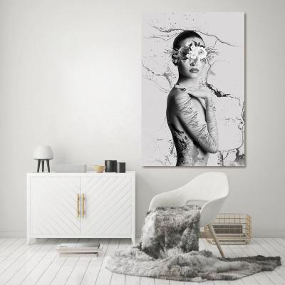 China Modern Still Life Black And White Woman With Flower Painting Glass Wall Art For Bedroom Living Room Decoration Ready To Hang for sale