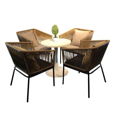 China Cheap High Quality Outdoor Use Garden Furniture Rope Woven Dining Sets Chair With Table Rattan Garden Sets for sale