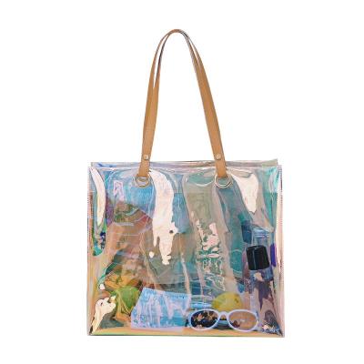 China Custom Laser Printed Reusable Tote Holographic Bag Waterproof Pvc Tote Shopping Bag Iridescent Clear Logo PVC for sale