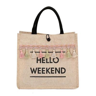 China Wholesale Reusable Custom Shoulder Tote Bag For Woman Jute Burlap Tassel Shopping Bag for sale