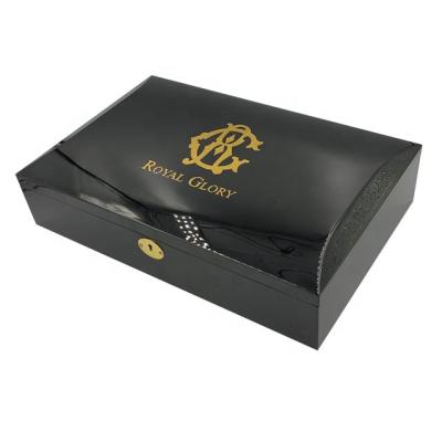 China Handmade Handmade Custom Design Piano Black Lacquer To Finish Perfume Box Metal Sticker Luxury Wooden Logo for sale