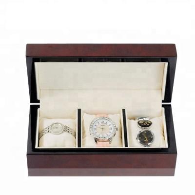 China Handmade Piano Cherry Lacquer Finish Luxury Wooden Handmade Watch Box For 3 Pcs Watch for sale