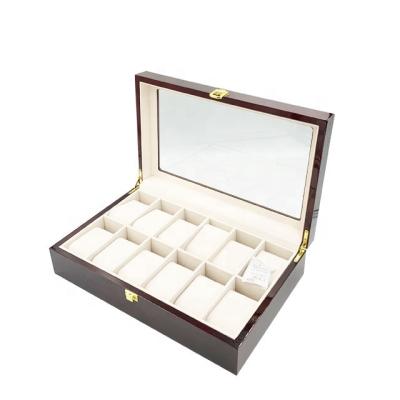 China Hot Selling Handmade Stock 12 Slots Wooden Watch Box With Clear Lid for sale