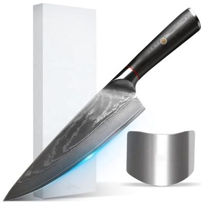 China Ergonomic G10 Handle Stocked And Non-Stick Blade Cutting Knife Wide-Blade vg10 Damascus Kitchen Knife With Finger Guard for sale