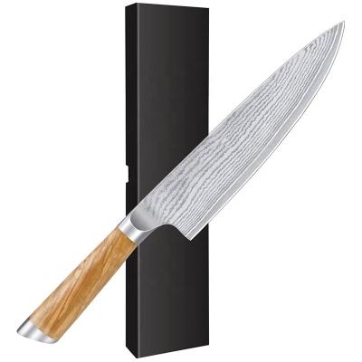 China Super Sharp German Japanese Olive Wood Damascus Steel Stocked Kitchen Knives Handle Widen Blade Chef Knife for sale