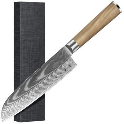 China 7 Inch Popular Professional 67 Layer Damascus VG-10 Steel Chef Knife Santoku Knife Olive Wood Handle for sale