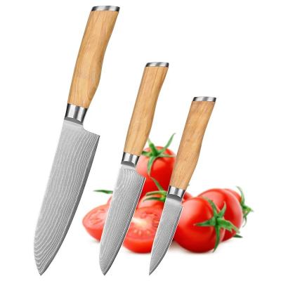 China OEM Design 3 PCS Olive Stocked Handle Damascus Steel Solid Wood Steel Knife Set for sale