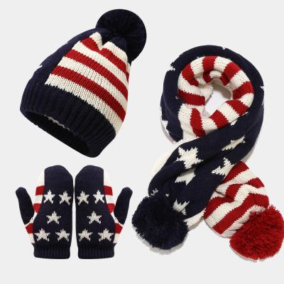 China Wholesale Autumn Winter Flag USA COMMON Patriotic Hat Scarf Glove Sets For Kids for sale