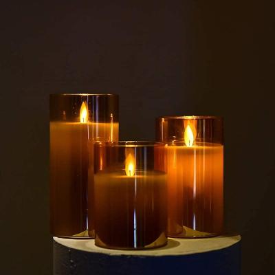 China Faux Moving Pillar Flame Birthday Wick Battery Operated Candles With Timer Remote Glass Effect For Festival Wedding Home PA for sale