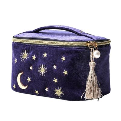 China Hot Sale Luxury Velvet Rectangular Amazon Stars Moon Embroider Velvet Cosmetic Bags Star Box With Tassel for sale