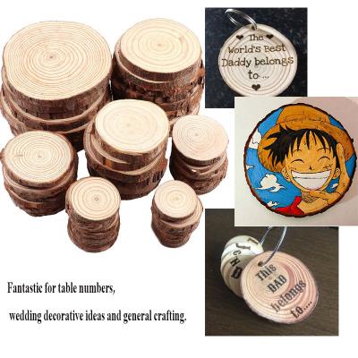 China Natural Wood Scraps 3-12cm Thick 1 Pack Natural Pine Round Unfinished Wood Slices Circles With Tree Bark Log Discs DIY Craft Wedding Party Painting for sale