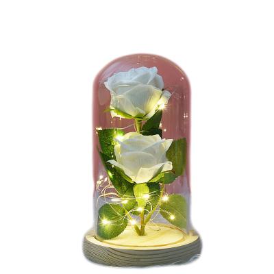 China Valentine's Day Gift Valentine's Day Gift Decorate Simulation Wooden Low Flower Double Roses in Glass Dome with Led Light for sale