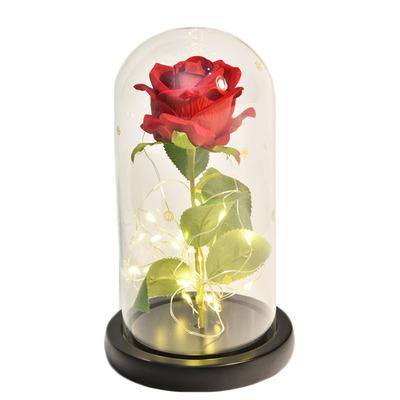 China Promotional Decor Valentine's Day Gift Simulation Flower Wooden Low Roses in Glass Dome with Led Flashing Light for sale