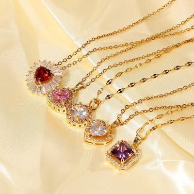 China TRENDY INS 18k Gold Plated Square Chain White Purple Zircon Bezel Stainless Steel Zircon Pendant Necklace For Women for sale