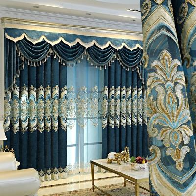 China Hot Selling Luxury Blackout European Style Curtains For Living Dining Room Bedroom Blue Chenille Embroidered Drapes Drapes for sale