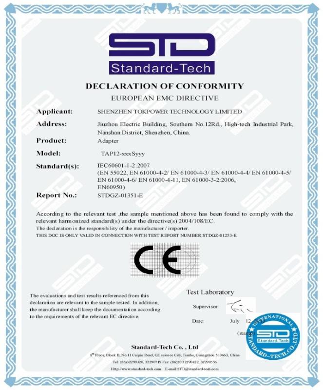 CE Certificate - Shenzhen TOKPOWER Electronic Technology Co., Limited