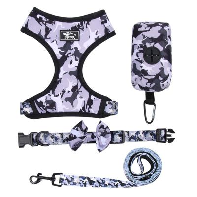 China OEM Custom 4 Pieces Dog Harness Leash Collar Set Custom Small Vest Designer Tactical Adjustable Reversible Soft No Pull Dog Harness for sale